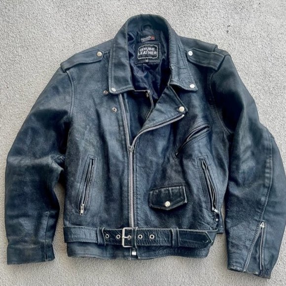 First Leather Other - Vintage Black Belted Motorcycle Jacket First Genuine Leather Men's 46 Biker